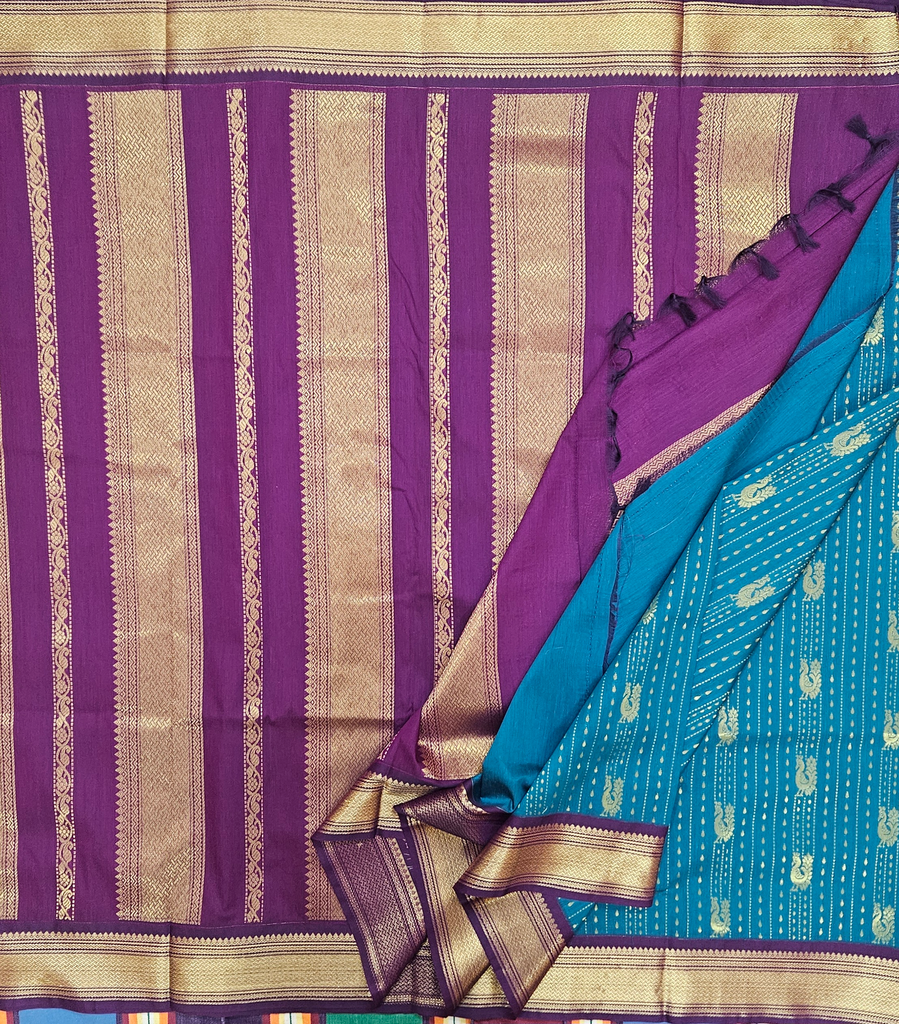 💎 10 Yards Kalyani Silk Madisar – Ramar Green with Navy Blue Grand Border