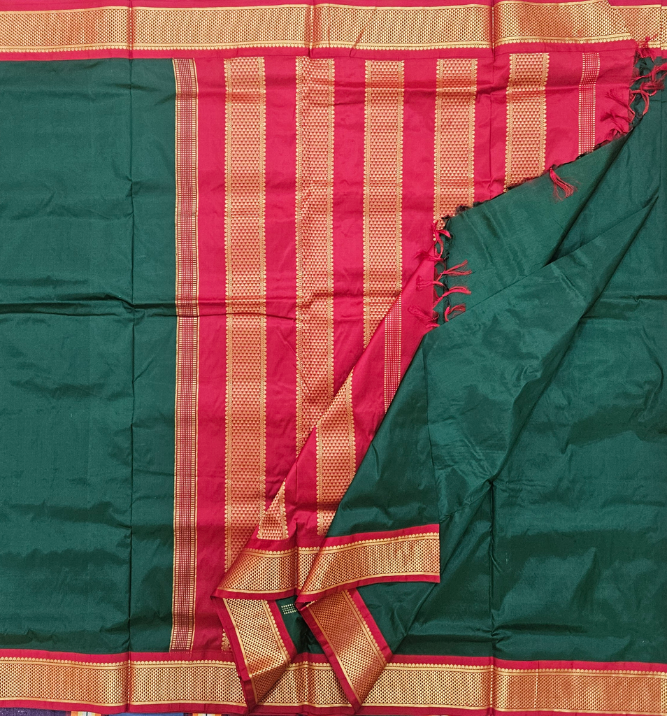 10.5 Yards Pure Silk Bottle Green with Red Border