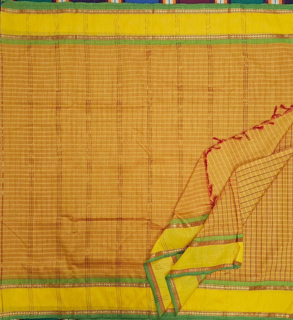 ☀️ 9 Yards Kalyani Cotton Madisar – Turmeric Yellow Check with Elegant Self Border