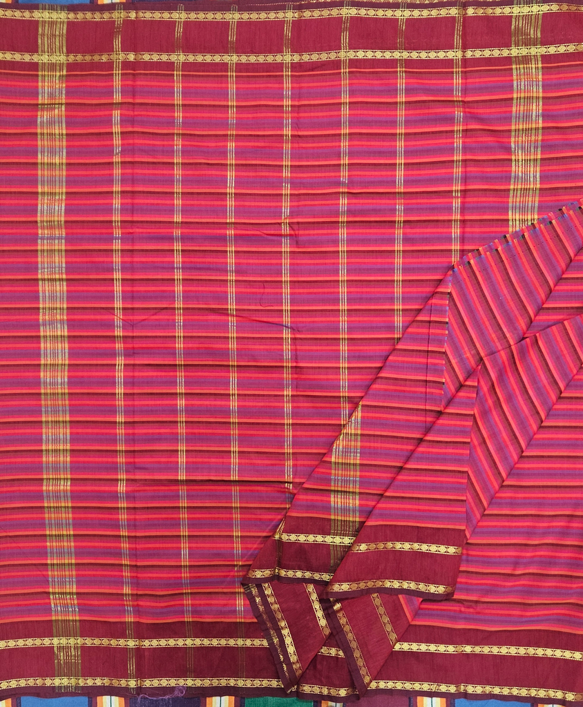 🌹 9 Yards Kalyani Cotton "Zebra" Madisar – Dark Maroon with Self Border