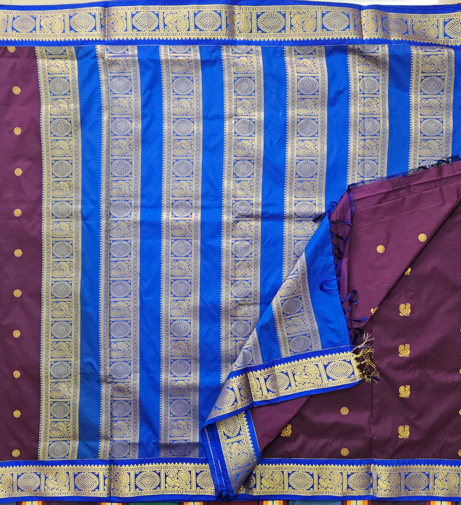 🍇 10 Yards Semi Silk Madisar – Navapazham Purple with Ink Blue Grand Border