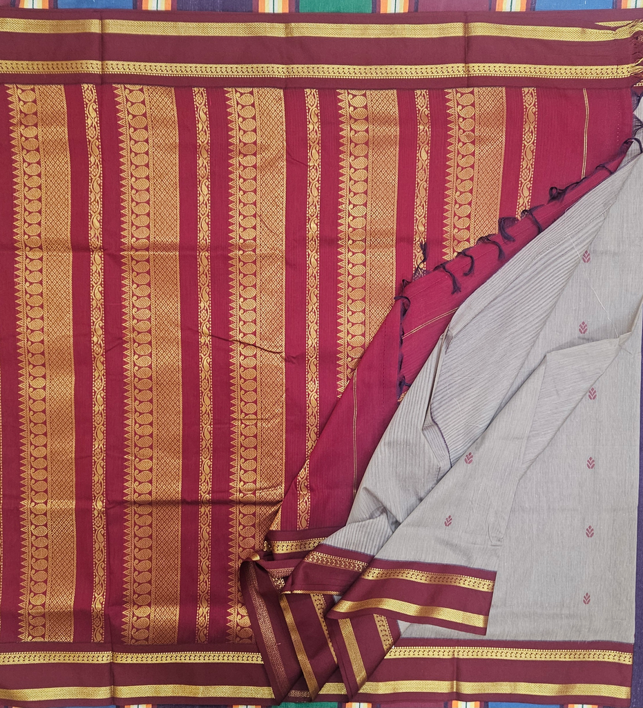 🍪 10 Yards Kalyani Cotton Madisar – Biscuit Color with Maroon Grand Border