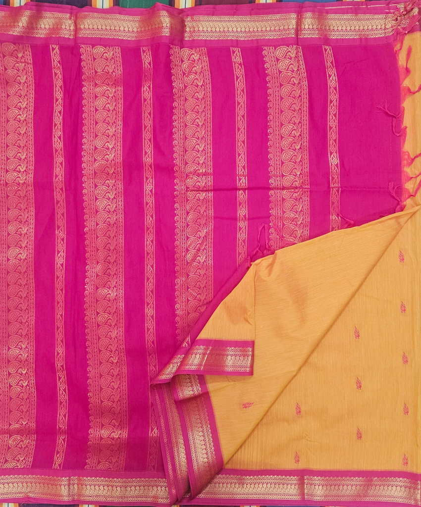 🌸 10 Yards Kalyani cotton Light Mango with Majenta Border