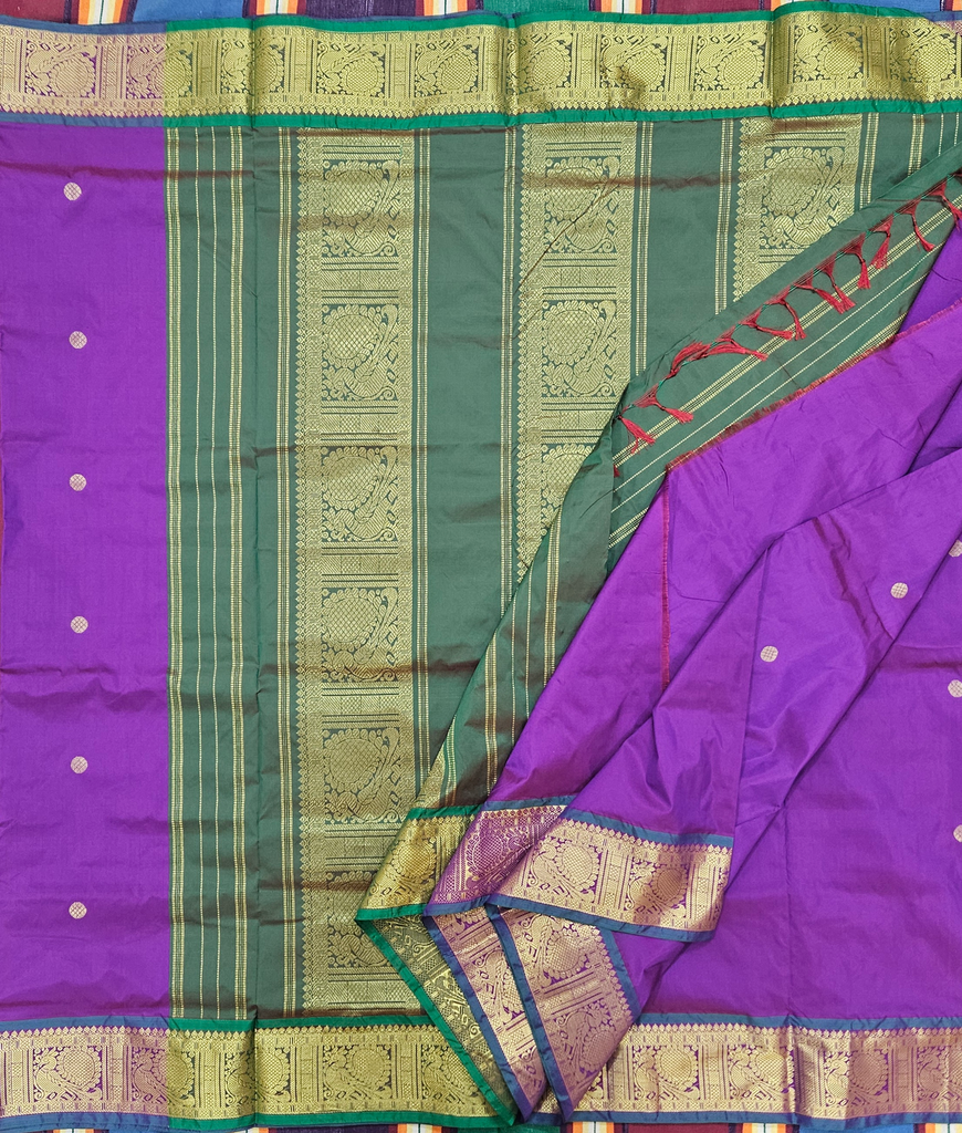 🍇 10 Yards Arani Semi Silk Madisar – Royal Purple with Maanthulir Green Border
