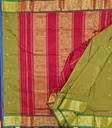 🌿 10 Yards Arani Semi Silk Madisar – Mehandi Green with Maroon Grand Border