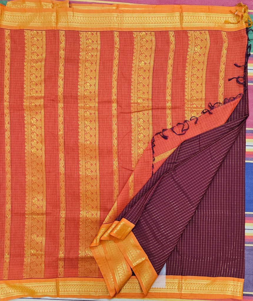 9 Yards Kalyani Cotton Madisar Coffee Brown  with Orange Border