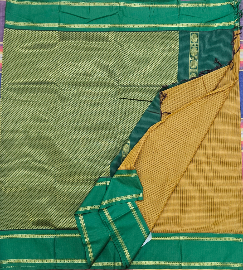 10 yards Kalyani Cotton small check Golden with Green Border