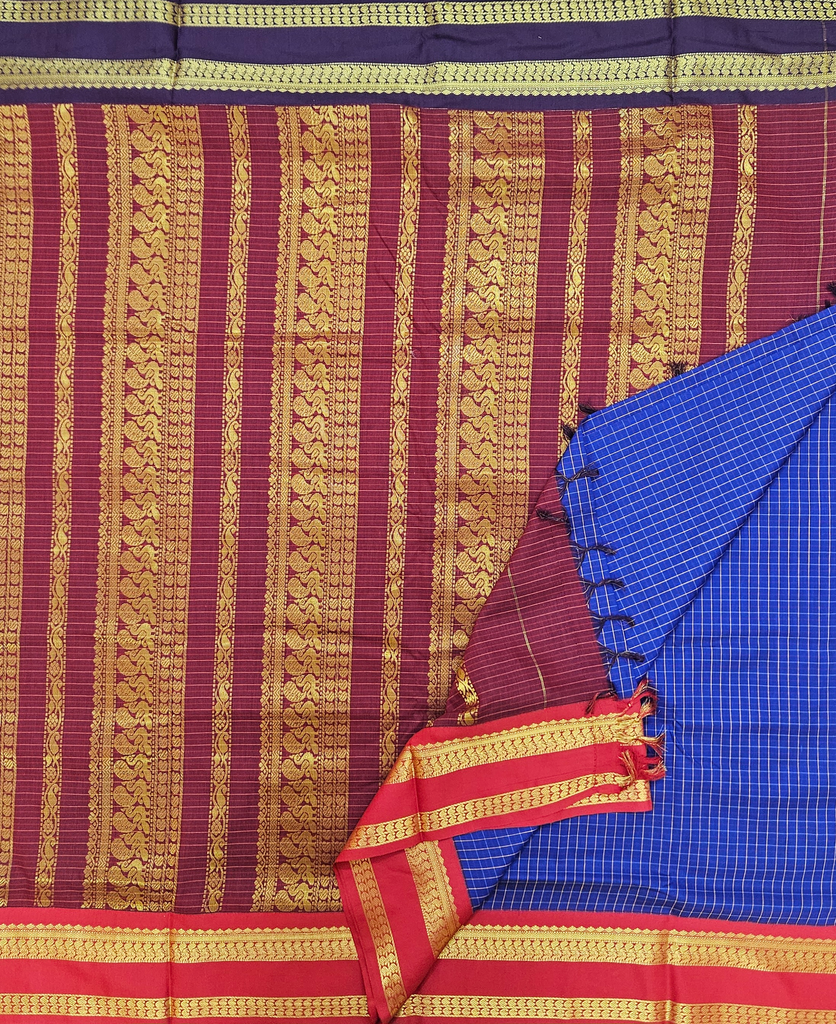 10 yards Kalyani Cotton small check Ms Blue Maroon 