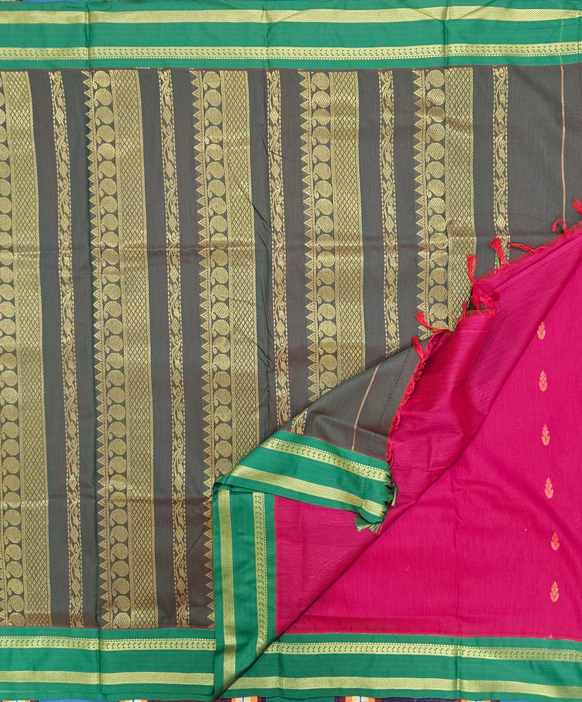 10 Yards Kalyani Cotton Madisar Dark Maroon with Bottle Green Border