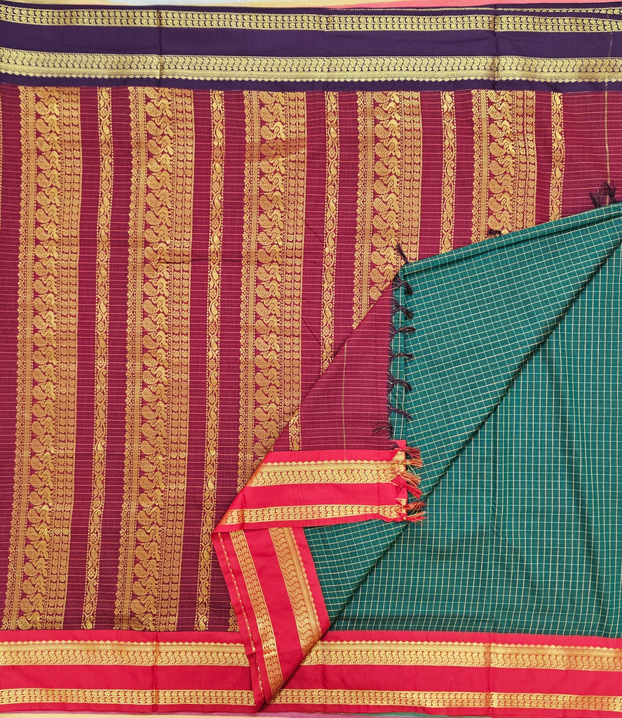 🌸 10 Yards Ramar Green Ganga Jamuna small check body/Maroon Border 