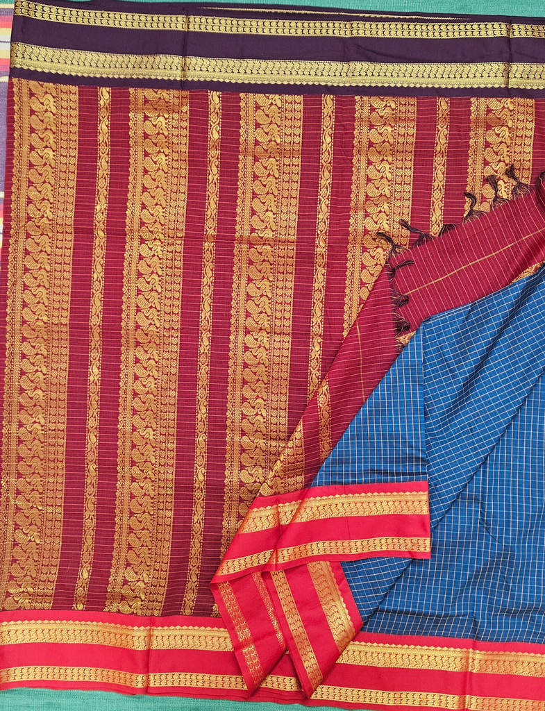 🌸 10 Yards Kalyani cotton Ramar Blue with Maroon Border