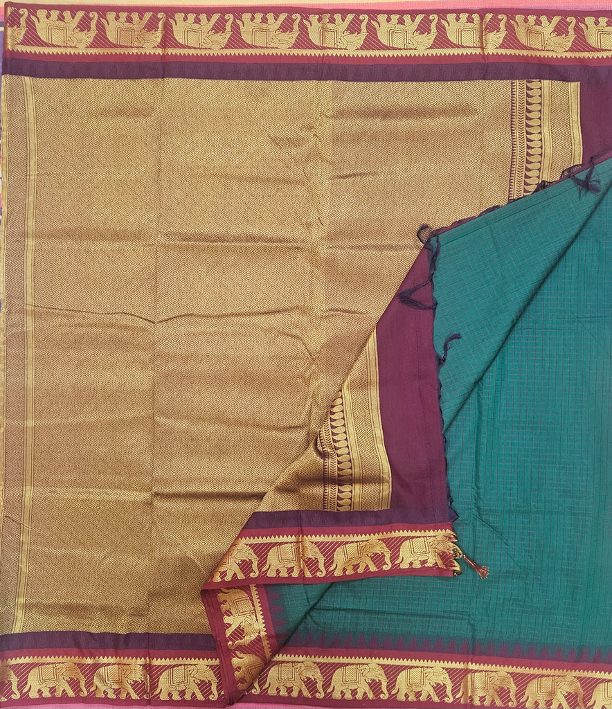 🌸 10 Yards Kalyani cotton Ramar green with Maroon Golden Border