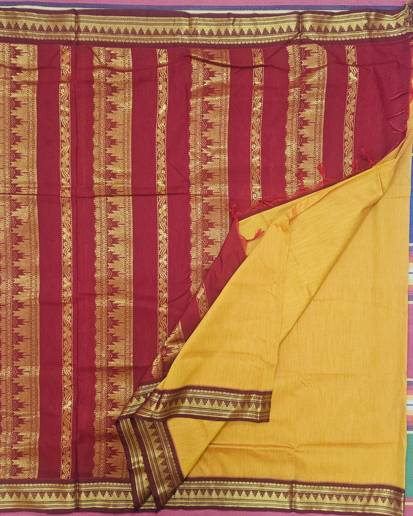 🌸 10 Yards Kalyani cotton Mango Yellow with Maroon Border