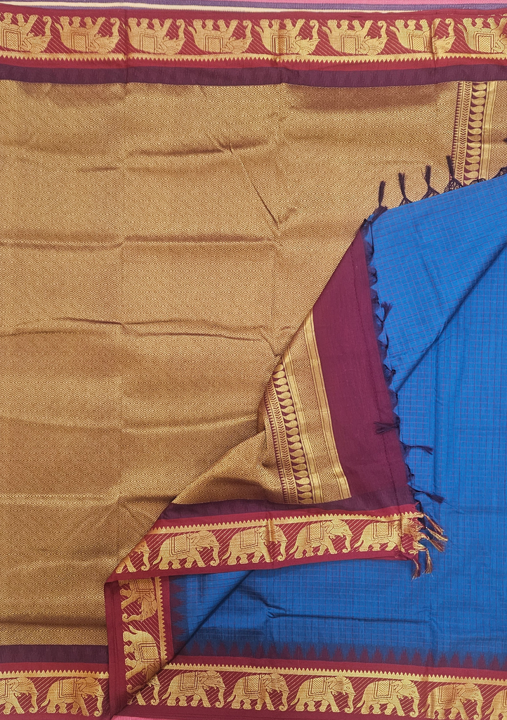 🌸 10 Yards Kalyani cotton Ramar Blue with Maroon Border