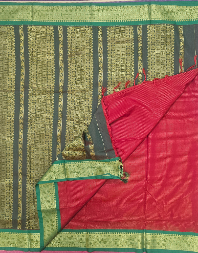 🌸 10 Yards Kalyani cotton Vairavusi Tomato Red with Manthulir Green Border