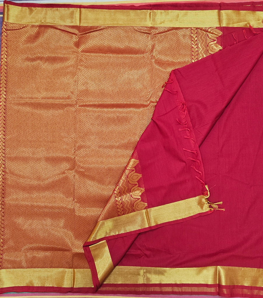 Kalyani Cotton Saree – Chilly Red with Golden Banaras Border