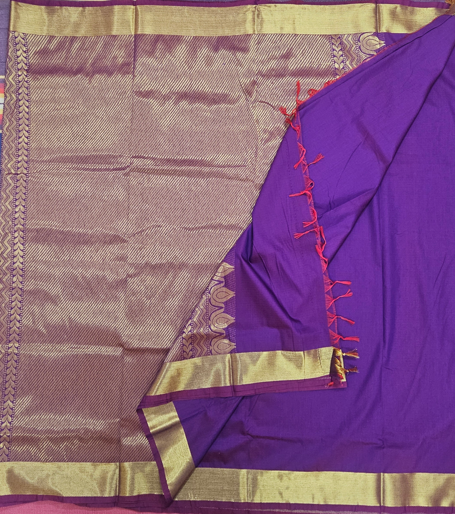 Kalyani Cotton Saree – Purple with Golden Banaras Border 