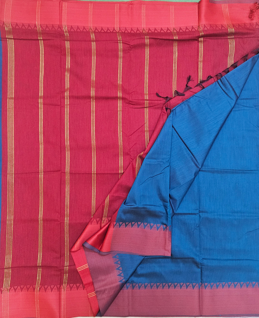 Kalyani Cotton Saree – Kasi Yatra saree Blue with red Border