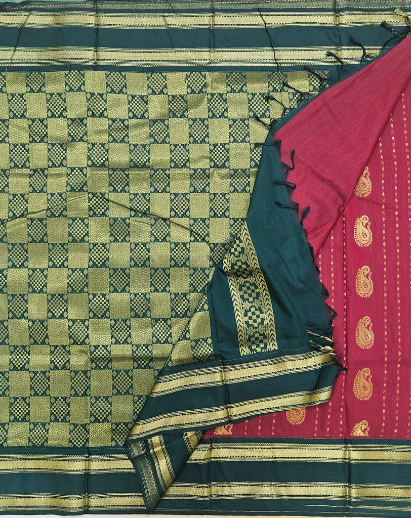 Kalyani Cotton Saree – Upanayanam saree Dark Maroon with green Border  