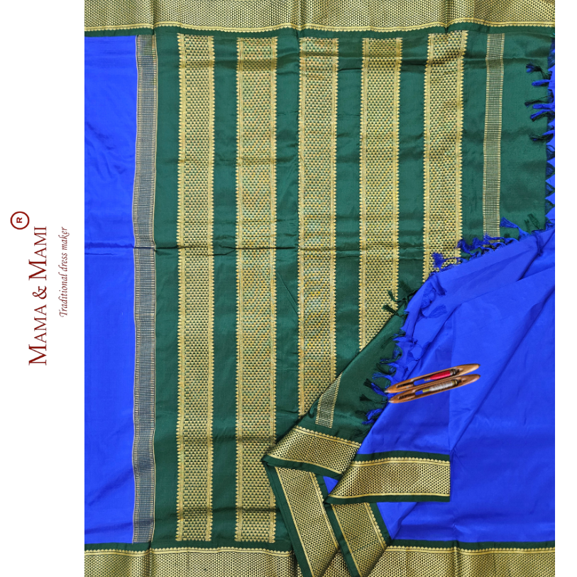 MS Blue 9 Yards Madisar Silk Saree Dark Green grand border