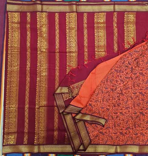 10 yards Kalyani Cotton Designer Saree/Maroon Pallu