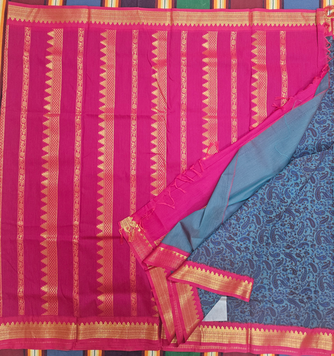 10 yards Kalyani Cotton Designer Saree Ramar Blue/ Majenta Pallu 