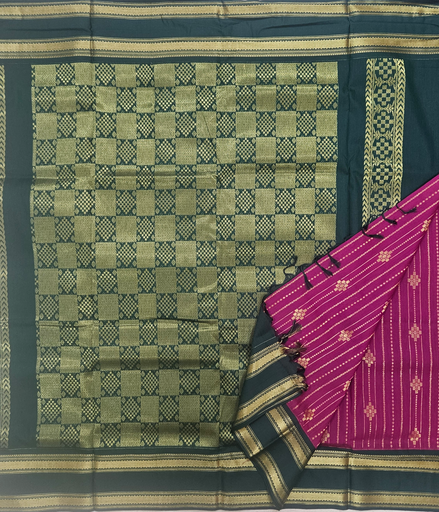 🌺 10 Yards Kalyani Cotton Madisar – Pinkish-Maroon with Green Grand Border