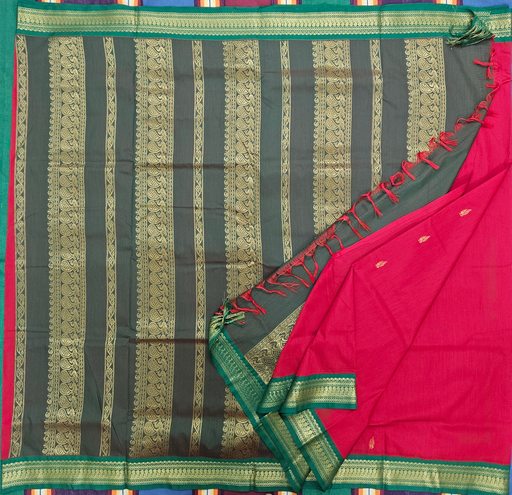 🍎 10 Yards Kalyani Cotton Madisar – Blood Red with Manthulir Green Border