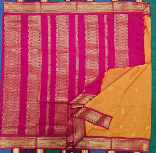 9 yards Kalyani cotton Mango Yellow /Pink Border