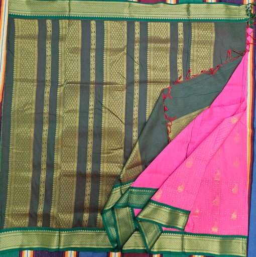 9 yards Kalyani cotton Baby Pink/Green Border