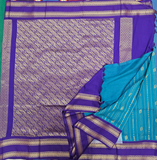 🩵 10 Yards Kalyani Cotton Madisar – Sky Blue with Royal Purple Grand Border