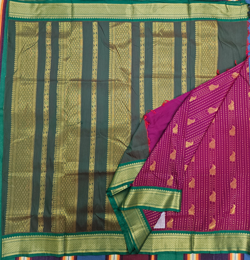 🌹 10 Yards Kalyani Cotton Madisar – Dark Maroon with Manthulir Green Grand Border