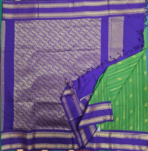 9 yards Kalyani cotton Pista Green Peacock body /Ink blue Grand Border 