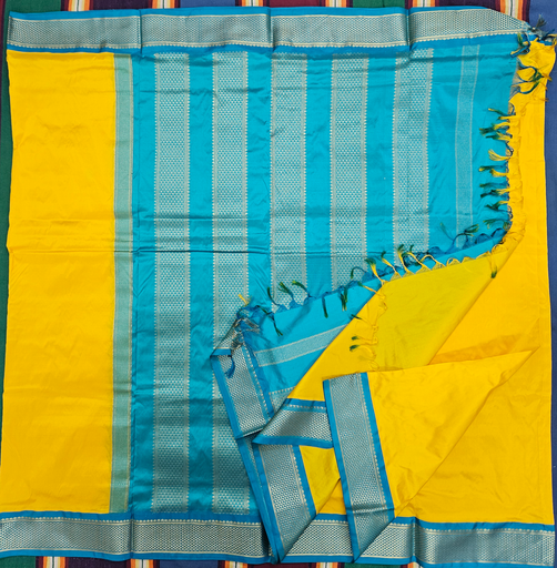 10 yards Pure Silk Saree Lemon Yellow /Sky Blue Pallu