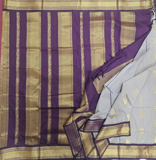 10 Yards Madisar Kalyani cotton Silver color with golden Peacock Design/Purple Border