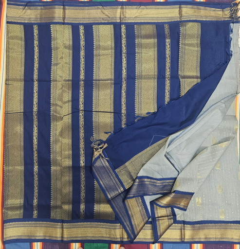 🦚 10 Yards Kalyani Cotton Madisar – Silver with Golden Peacock Design & Navy Blue Border