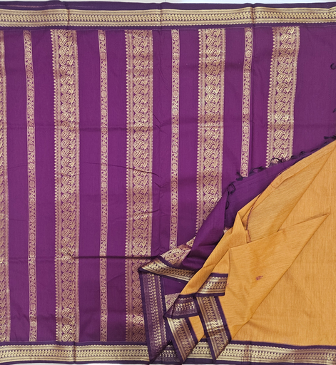 🍯 10 Yards Kalyani Cotton Madisar – Mustard Yellow with Royal Purple Border