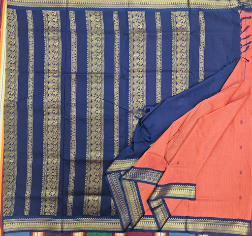 10 Yards Madisar Kalyani cotton Senthoor with Navy blue border
