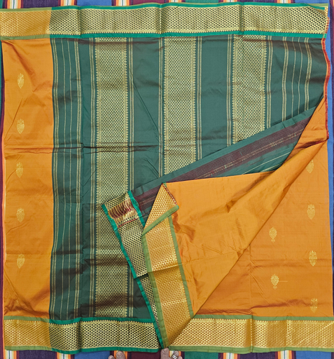 9 yards Semi Silk Saree Golden Color With Manthulir Green Border