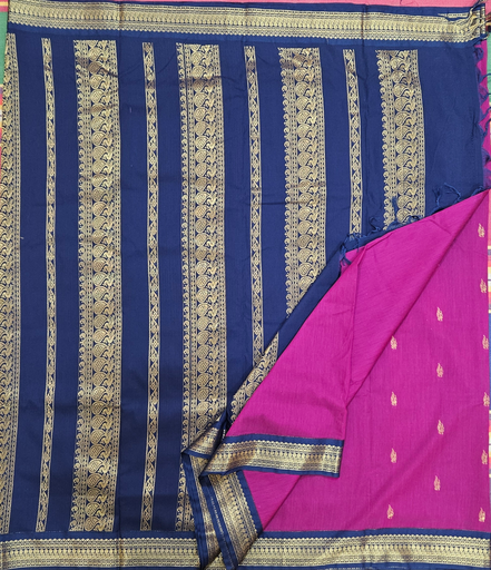 🌿 10 Yards Kalyani Cotton Madisar – Majenta with Navy Blue Border