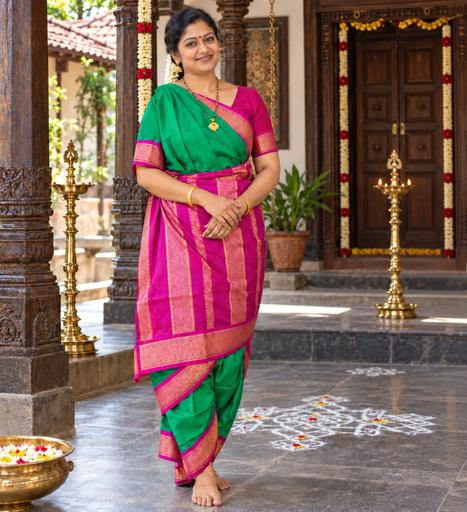 🦜 10 Yards Soft Silk Madisar – Parrot Green with Magenta Grand Border