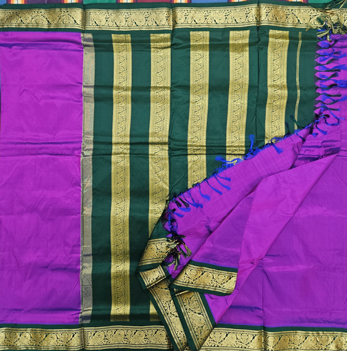 10 Yards Madisar Silk Saree Purple with green Pallu