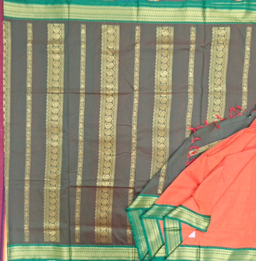 10 yards Kalyani Silk Vairavusi Fanta Orange /Green Border