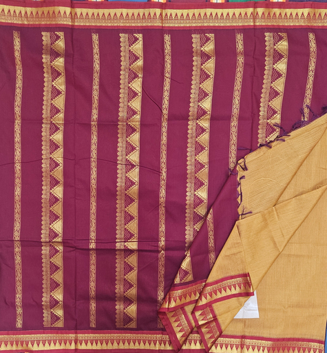 🪔 10 Yards Kalyani Silk Vairavusi Madisar – Sandal with Maroon Temple Border