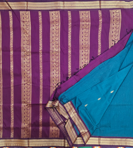 💎 10 Yards Kalyani Cotton Madisar – Ramar Green with Golden Buttas & Purple Grand Border