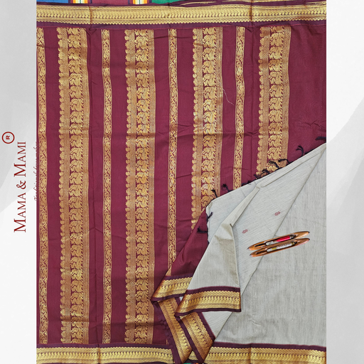 9 Yards Kalyani Cotton Madisar – Light Ash with Maroon Grand Border (Silk Look Finish)