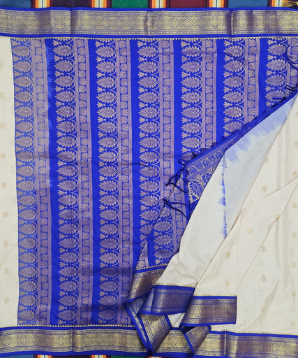 10.5 Yards Semi Silk Light Creamy with Ink Blue Border