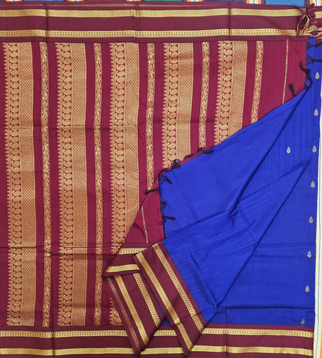 🎼 10 Yards Kalyani Cotton Madisar – MS Blue with Golden Buttas & Maroon Border