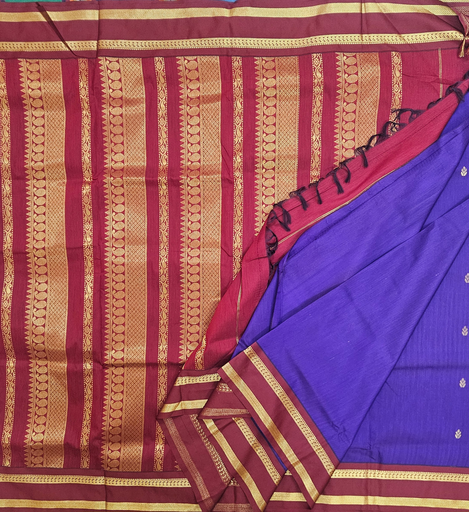 🍇 10 Yards Kalyani Cotton Madisar – Royal Purple with Golden Buttas & Maroon Border