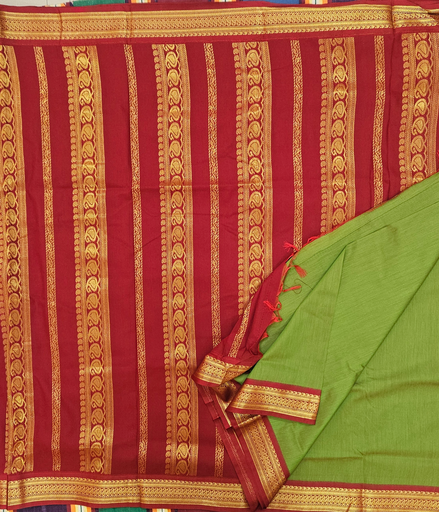 10 yards Kalyani Silk Parrot Green /Maroon Border